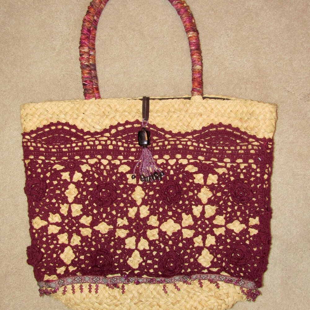 Large summer straw tote with crocheted embellishment